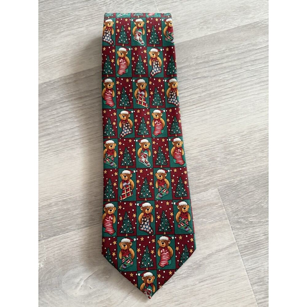 Men's Novelty Teddy Bear Santa Stocking Christmas Tree Tie Red Green Used‎